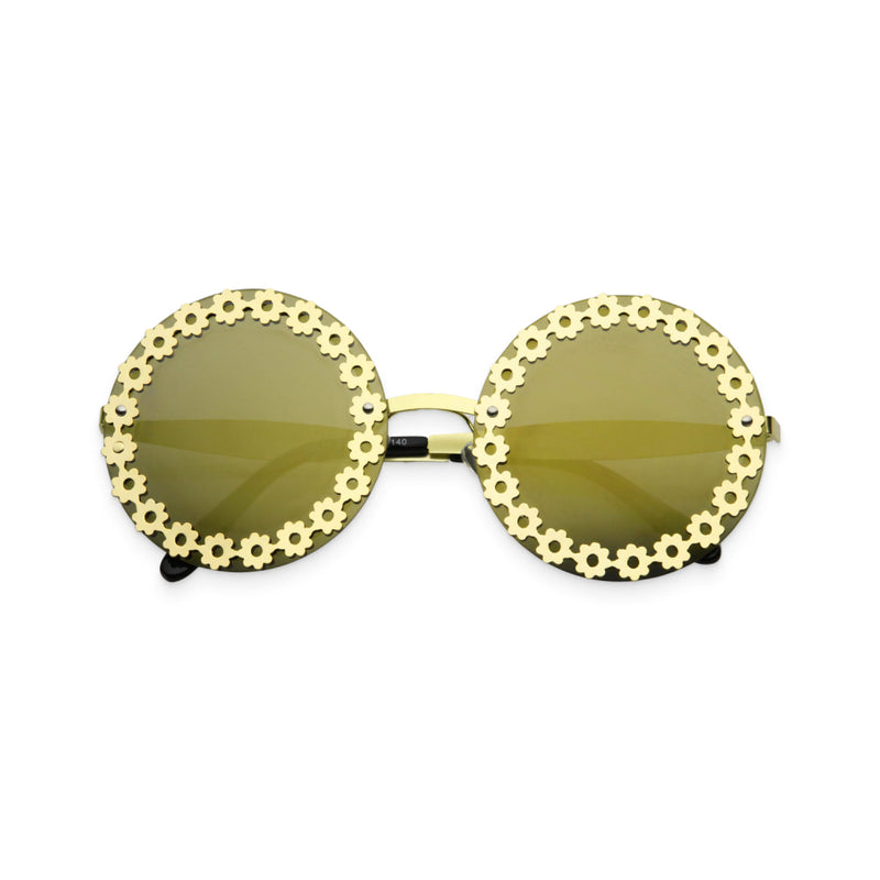 Gold Women’s Round Floral-Trim Sunglasses
